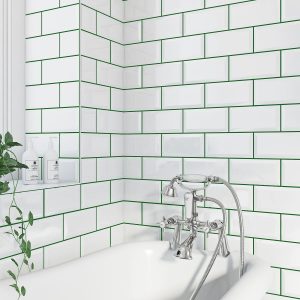 White metro tiles with green grout