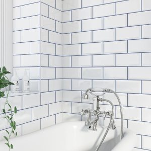 white metro tiles with blue grout