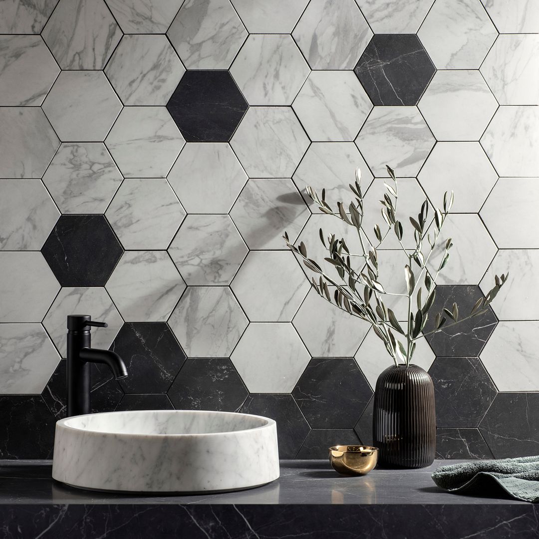 Add a modern twist to a bathroom by choosing versatile marble effect hexagonal tiles for your bathroom walls or floors.